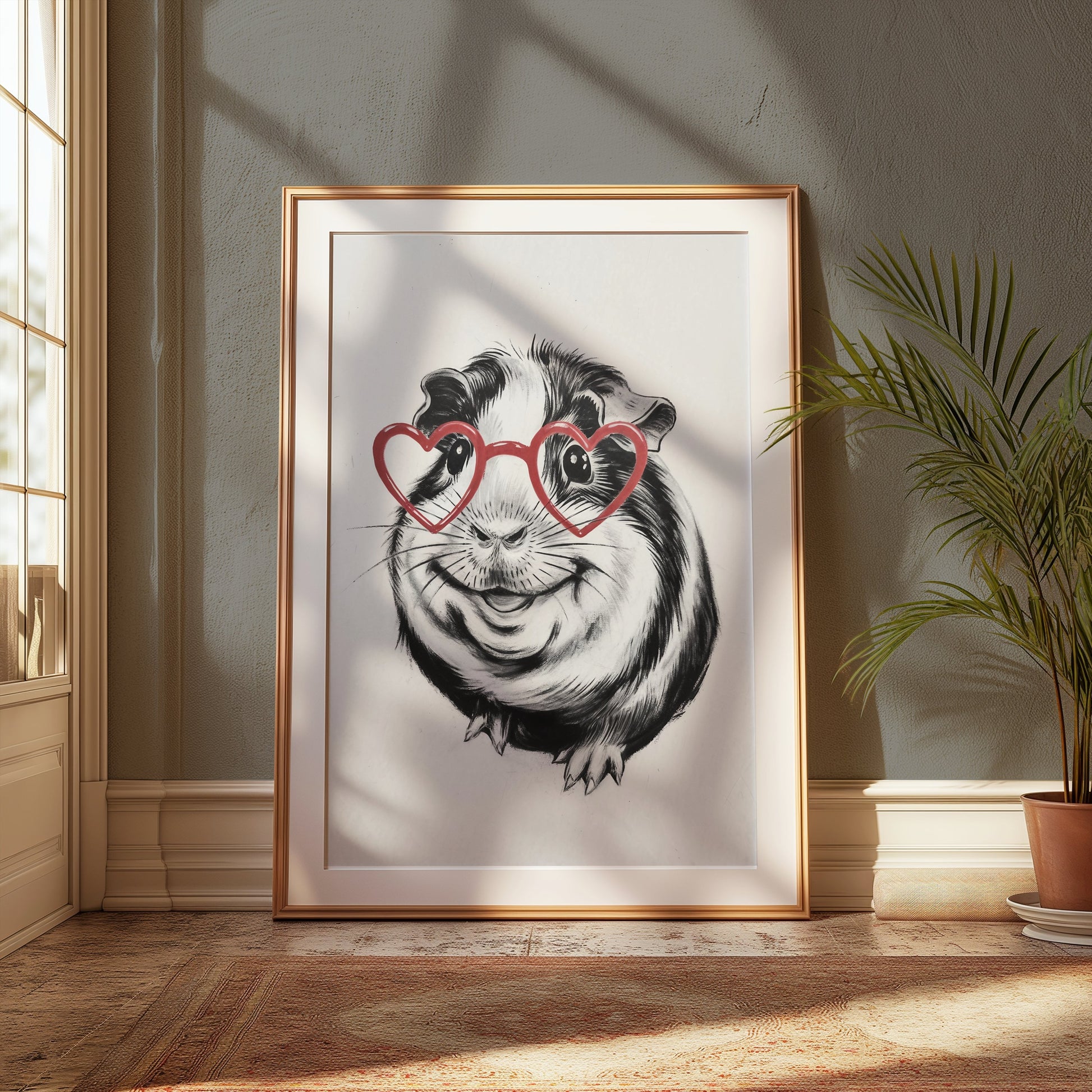 Premium Poster of Cute Guinea Pig with Heart Glasses Art Posters