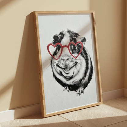 Premium Poster of Cute Guinea Pig with Heart Glasses Art Posters