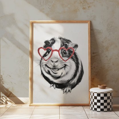 Premium Poster of Cute Guinea Pig with Heart Glasses Art Posters