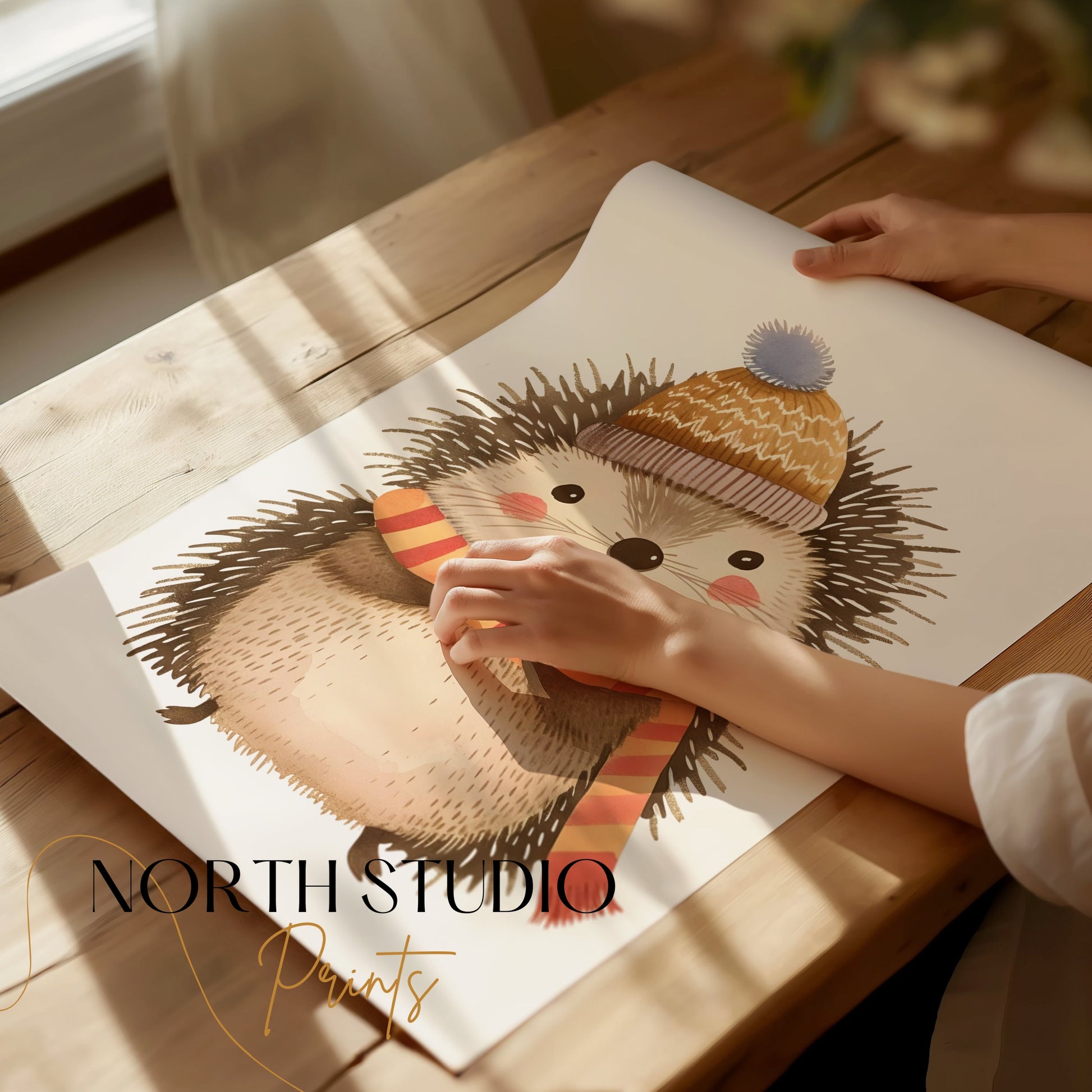 Premium Poster of Cute Hedgehog Wearing Winter Hat and Scarf Posters