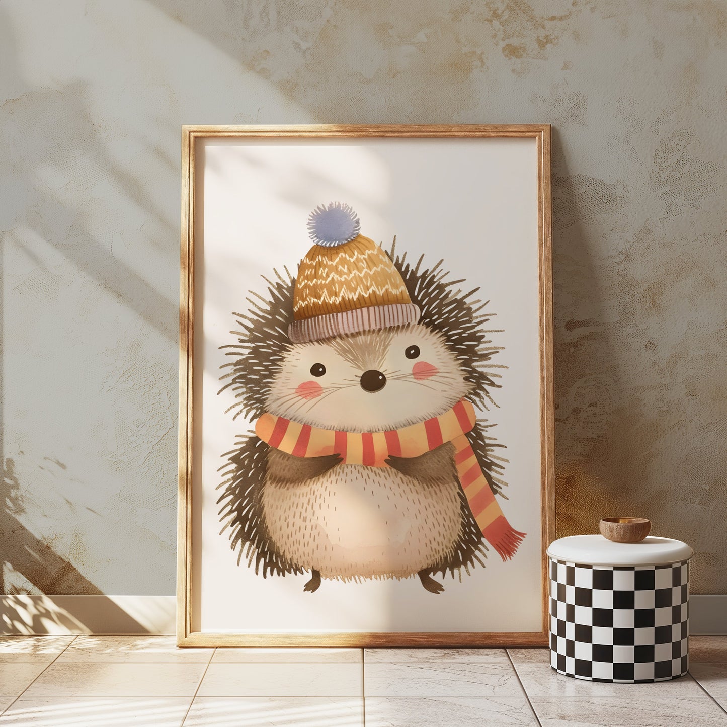 Premium Poster of Cute Hedgehog Wearing Winter Hat and Scarf Posters