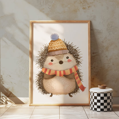 Premium Poster of Cute Hedgehog Wearing Winter Hat and Scarf Posters