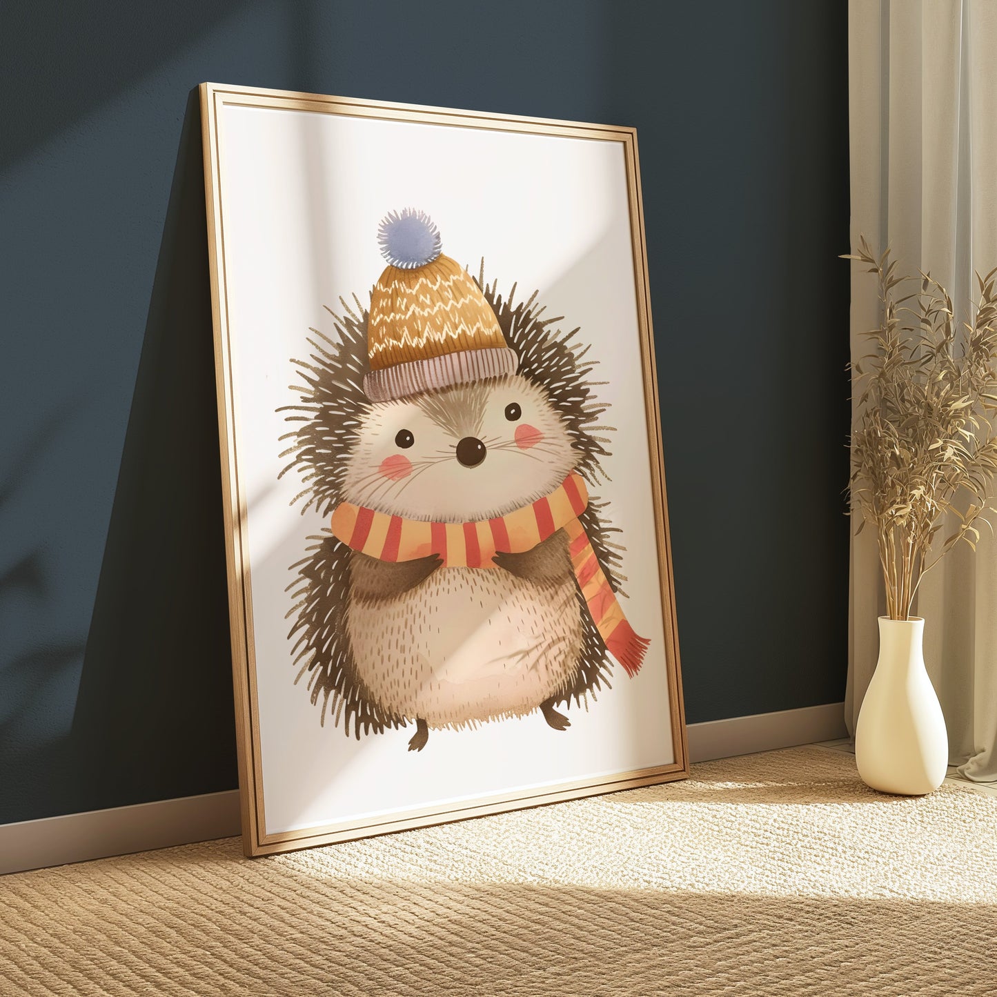 Premium Poster of Cute Hedgehog Wearing Winter Hat and Scarf Posters