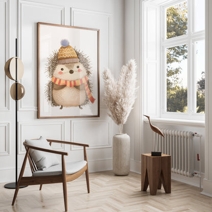 Premium Poster of Cute Hedgehog Wearing Winter Hat and Scarf Posters