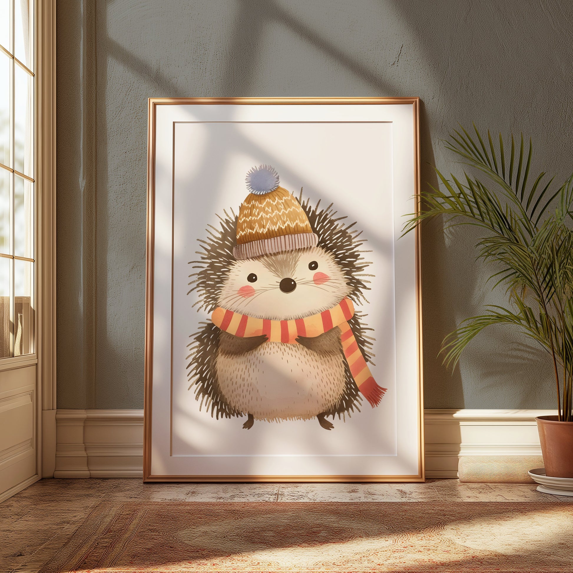 Premium Poster of Cute Hedgehog Wearing Winter Hat and Scarf Posters
