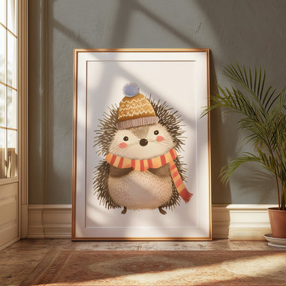 Premium Poster of Cute Hedgehog Wearing Winter Hat and Scarf Posters