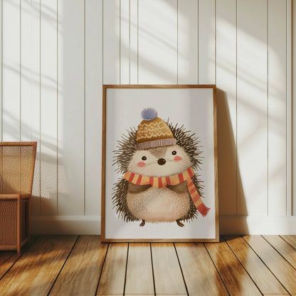 Premium Poster of Cute Hedgehog Wearing Winter Hat and Scarf Posters