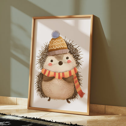 Premium Poster of Cute Hedgehog Wearing Winter Hat and Scarf Posters