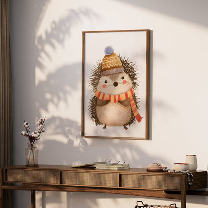 Premium Poster of Cute Hedgehog Wearing Winter Hat and Scarf Posters