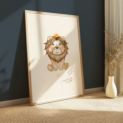 Premium Poster of Cute Illustrated Lion with Crown Kids Room Art Posters