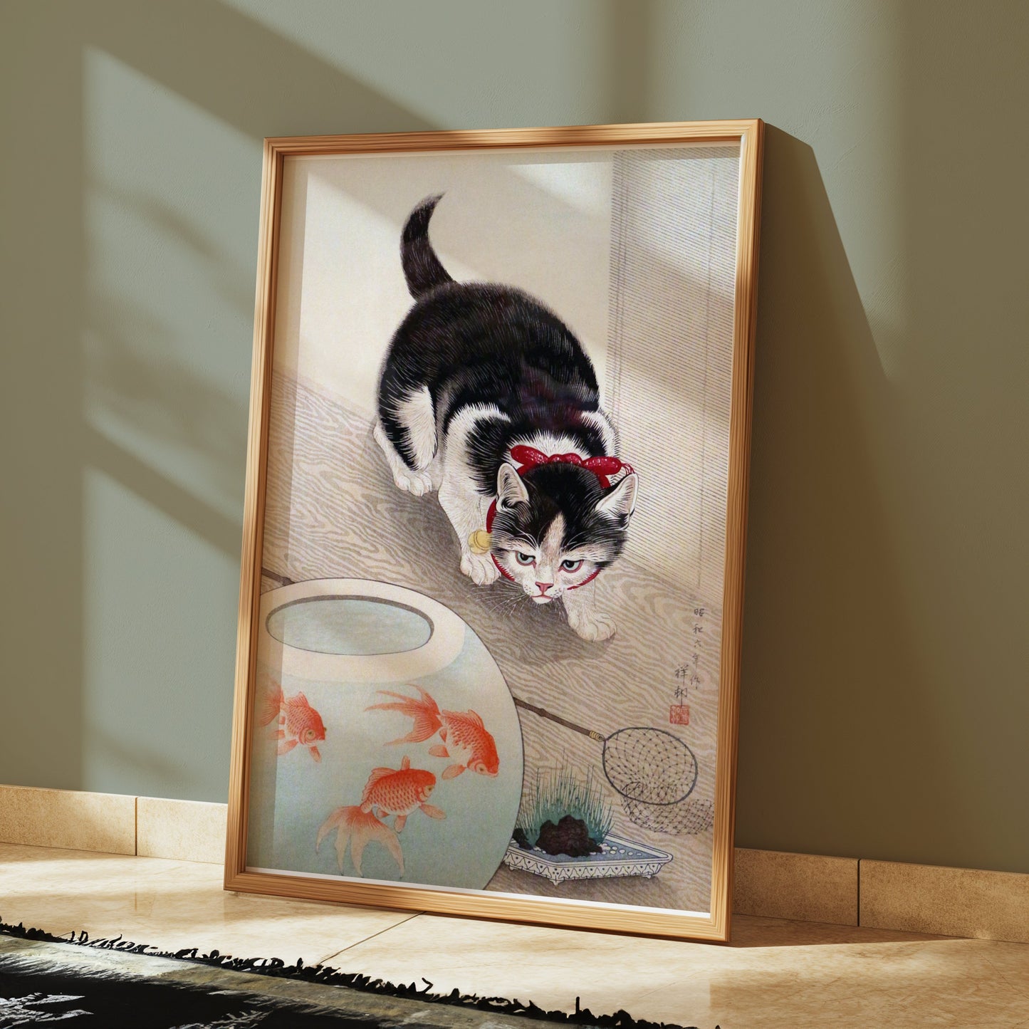 Premium Poster of Cute Kitten Staring at Fish Bowl Japanese Art Posters