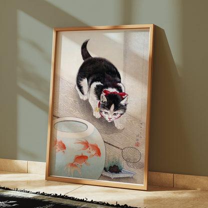 Premium Poster of Cute Kitten Staring at Fish Bowl Japanese Art Posters