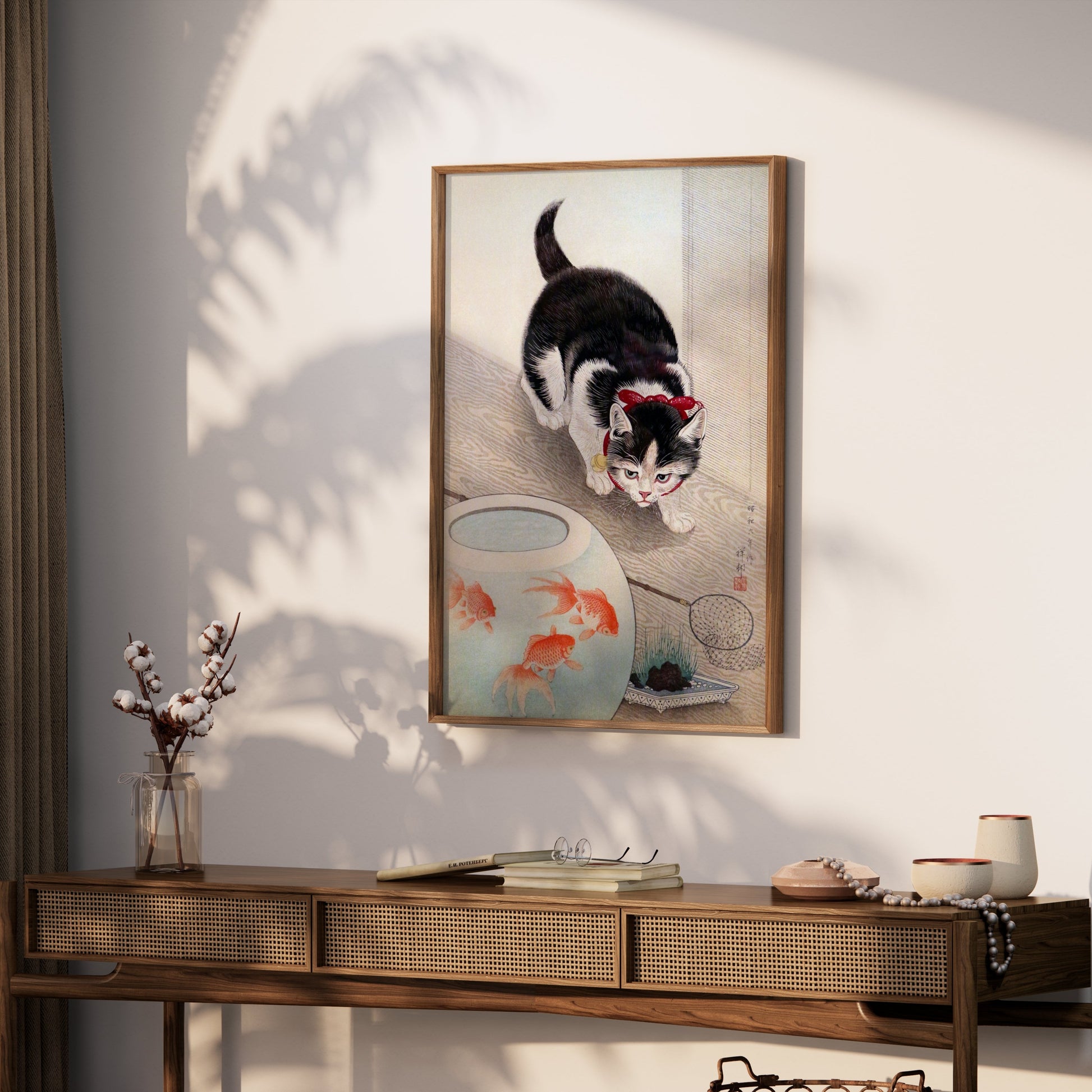 Premium Poster of Cute Kitten Staring at Fish Bowl Japanese Art Posters