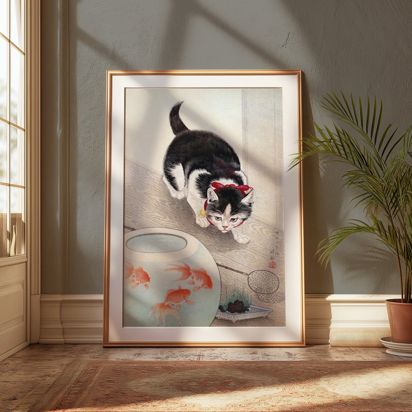 Premium Poster of Cute Kitten Staring at Fish Bowl Japanese Art Posters