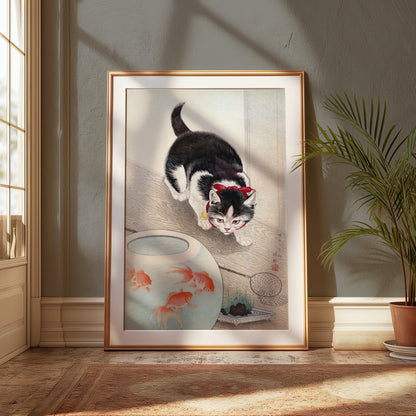 Premium Poster of Cute Kitten Staring at Fish Bowl Japanese Art Posters