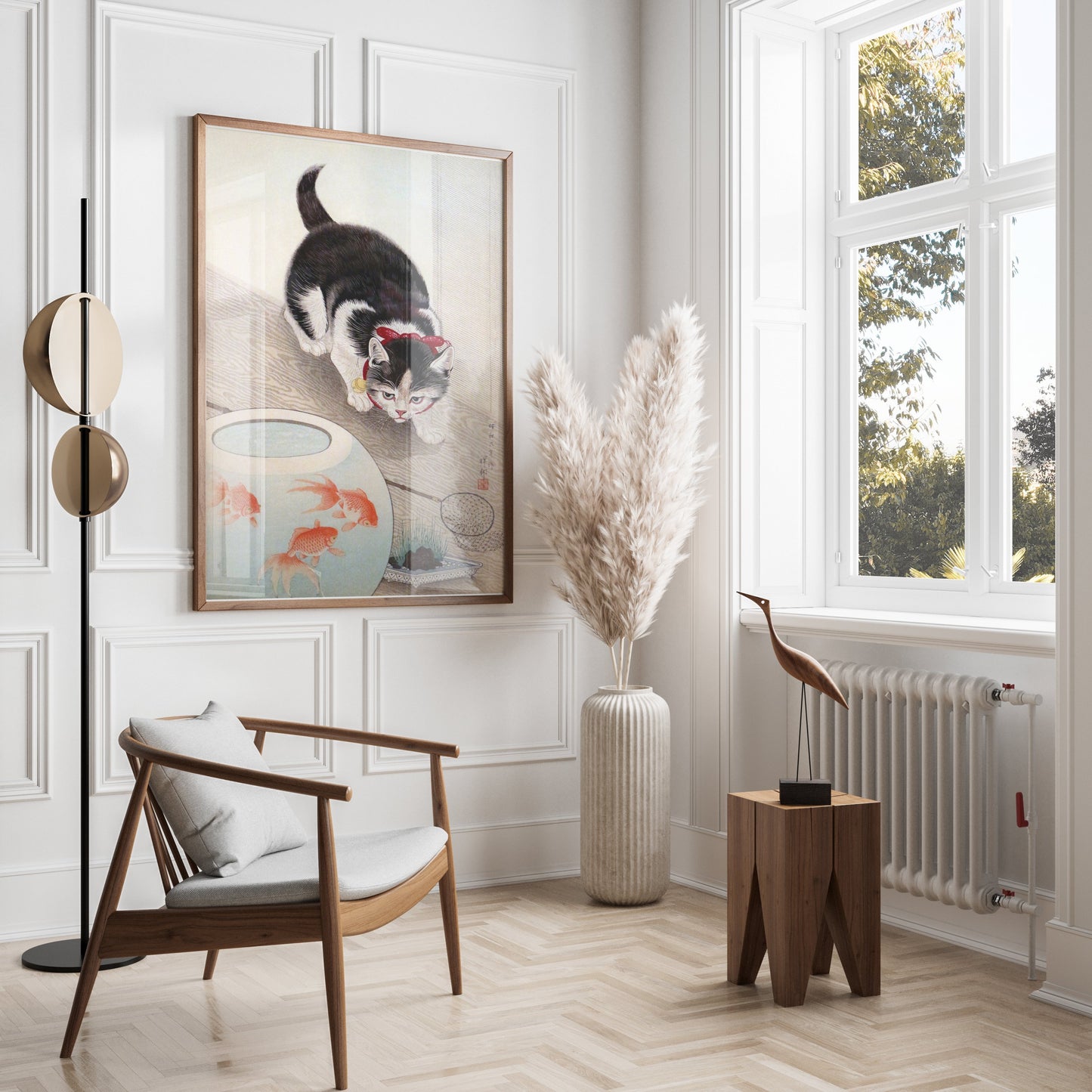 Premium Poster of Cute Kitten Staring at Fish Bowl Japanese Art Posters