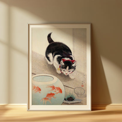 Premium Poster of Cute Kitten Staring at Fish Bowl Japanese Art Posters