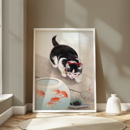 Premium Poster of Cute Kitten Staring at Fish Bowl Japanese Art Posters