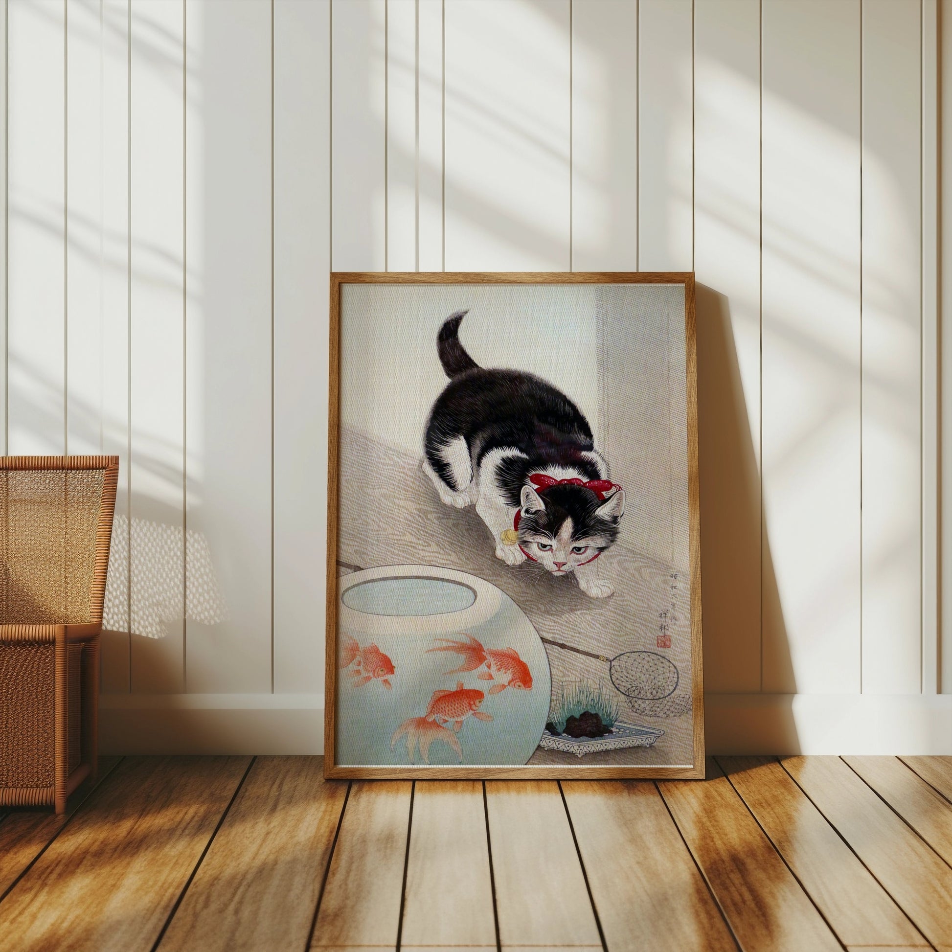 Premium Poster of Cute Kitten Staring at Fish Bowl Japanese Art Posters