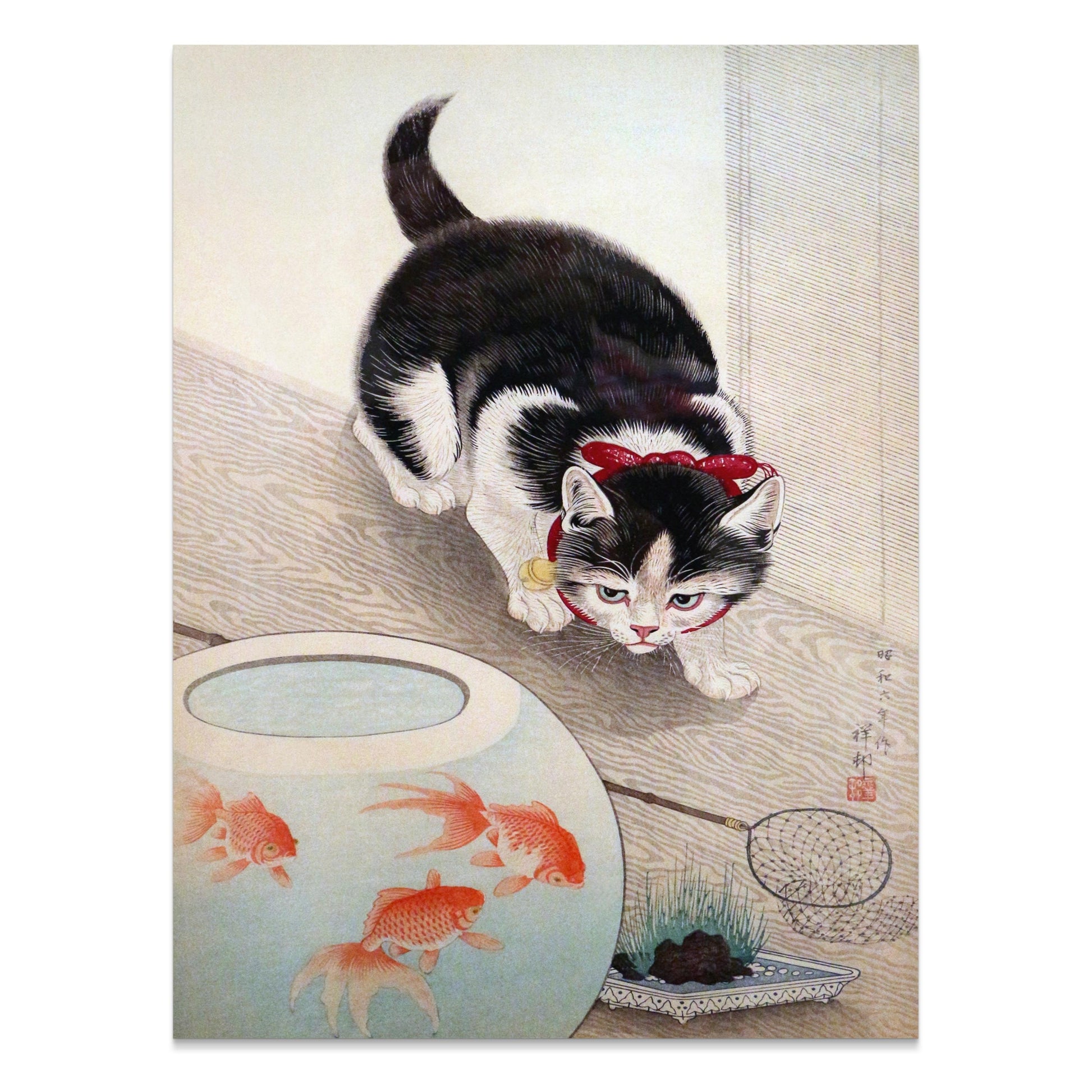 Premium Poster of Cute Kitten Staring at Fish Bowl Japanese Art Posters