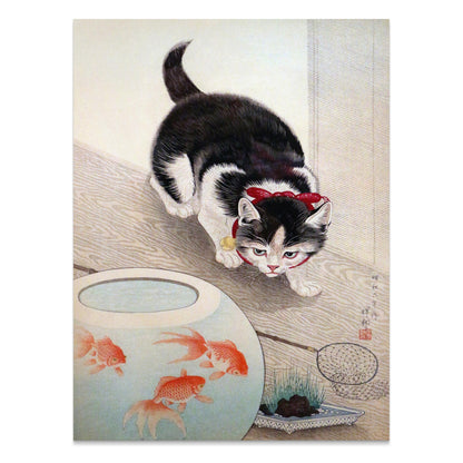 Premium Poster of Cute Kitten Staring at Fish Bowl Japanese Art Posters