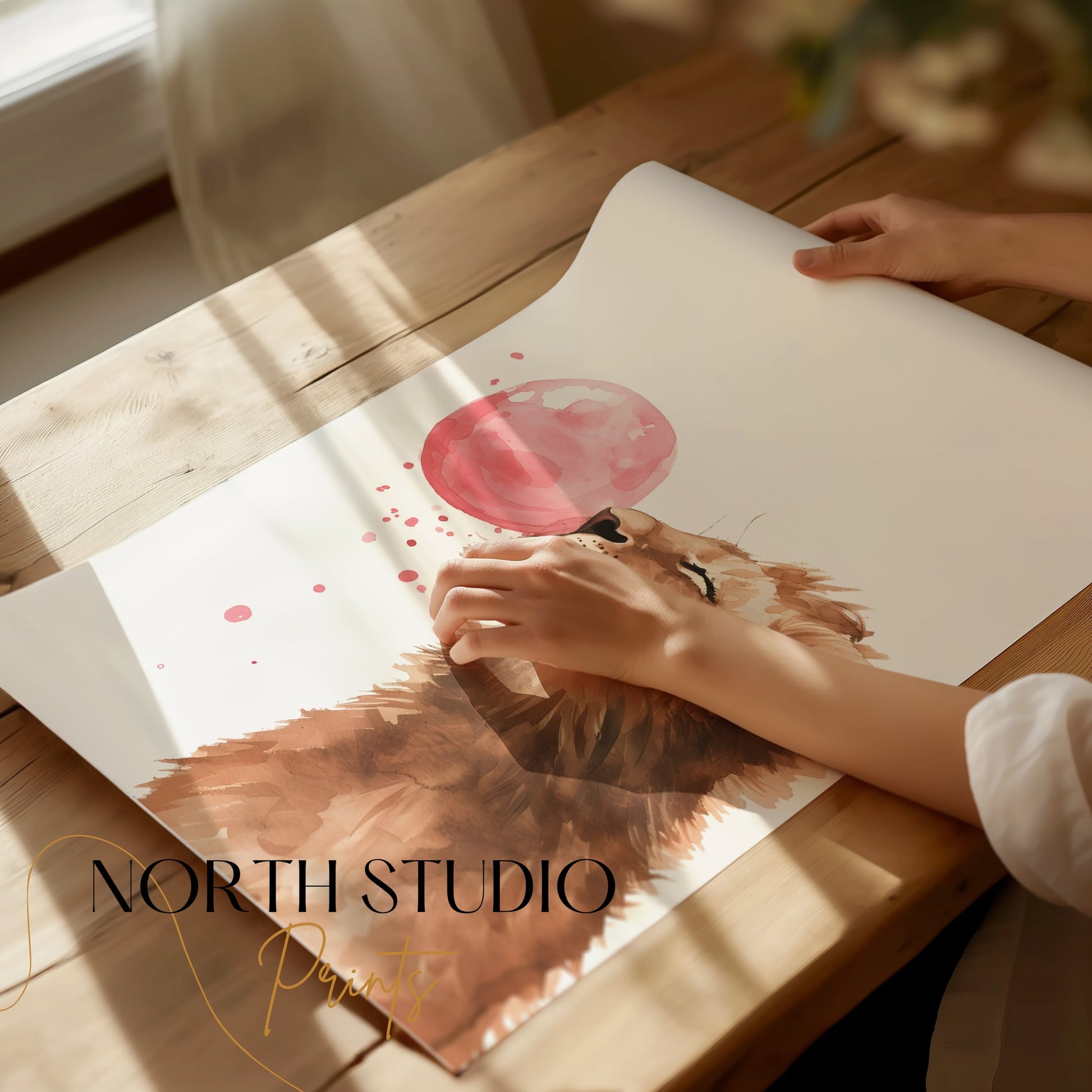 Premium Poster of Cute Lion Blowing Pink Bubblegum Art Home Decor Posters