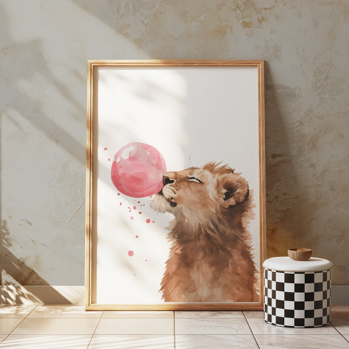 Premium Poster of Cute Lion Blowing Pink Bubblegum Art Home Decor Posters