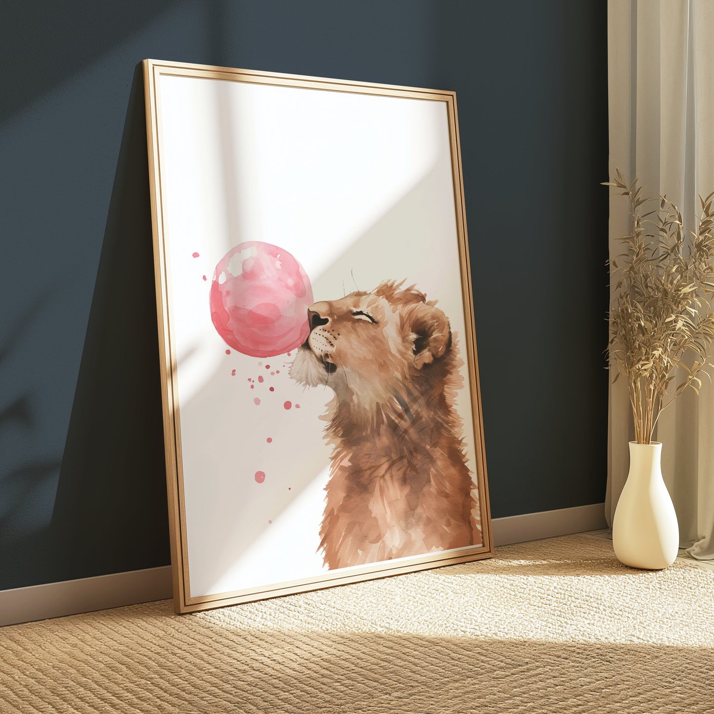Premium Poster of Cute Lion Blowing Pink Bubblegum Art Home Decor Posters