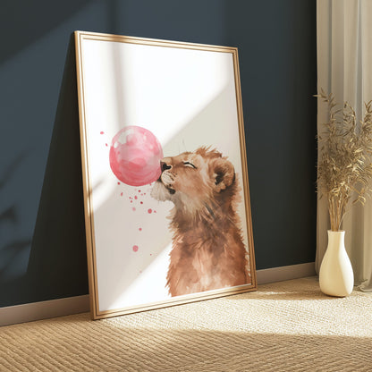 Premium Poster of Cute Lion Blowing Pink Bubblegum Art Home Decor Posters