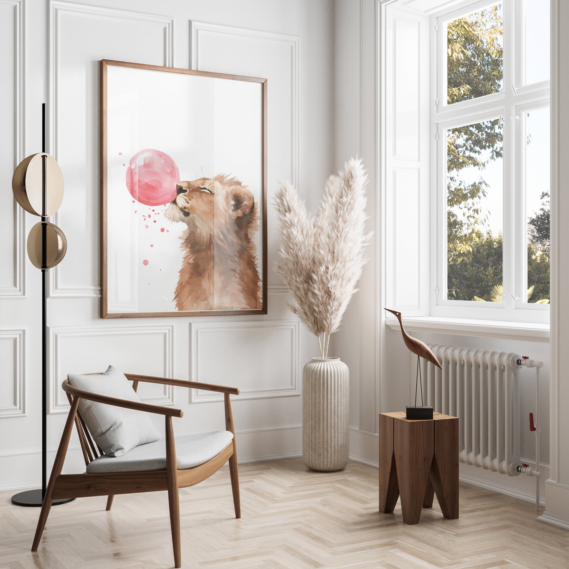 Premium Poster of Cute Lion Blowing Pink Bubblegum Art Home Decor Posters