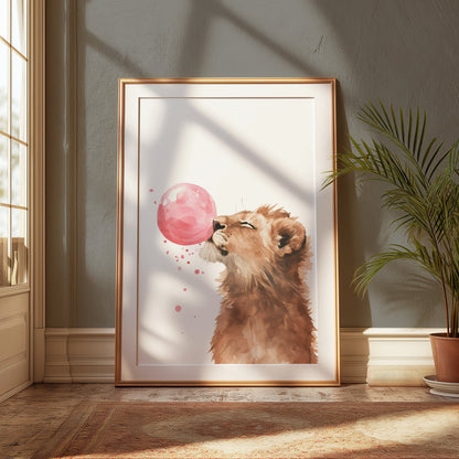 Premium Poster of Cute Lion Blowing Pink Bubblegum Art Home Decor Posters