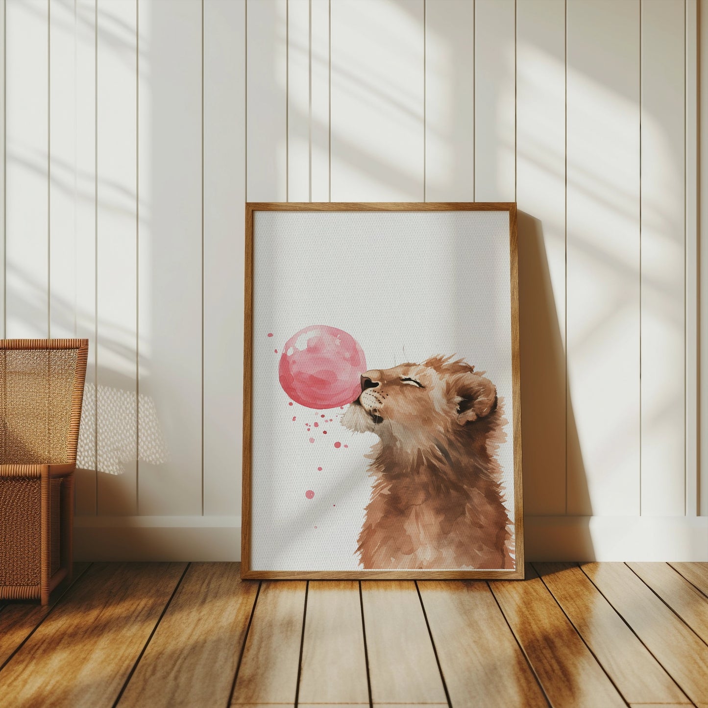 Premium Poster of Cute Lion Blowing Pink Bubblegum Art Home Decor Posters