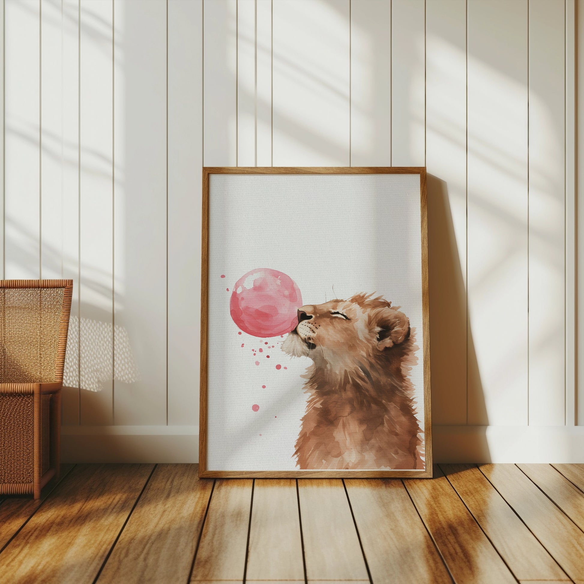 Premium Poster of Cute Lion Blowing Pink Bubblegum Art Home Decor Posters
