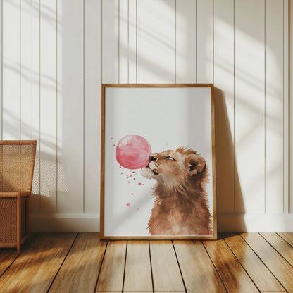 Premium Poster of Cute Lion Blowing Pink Bubblegum Art Home Decor Posters