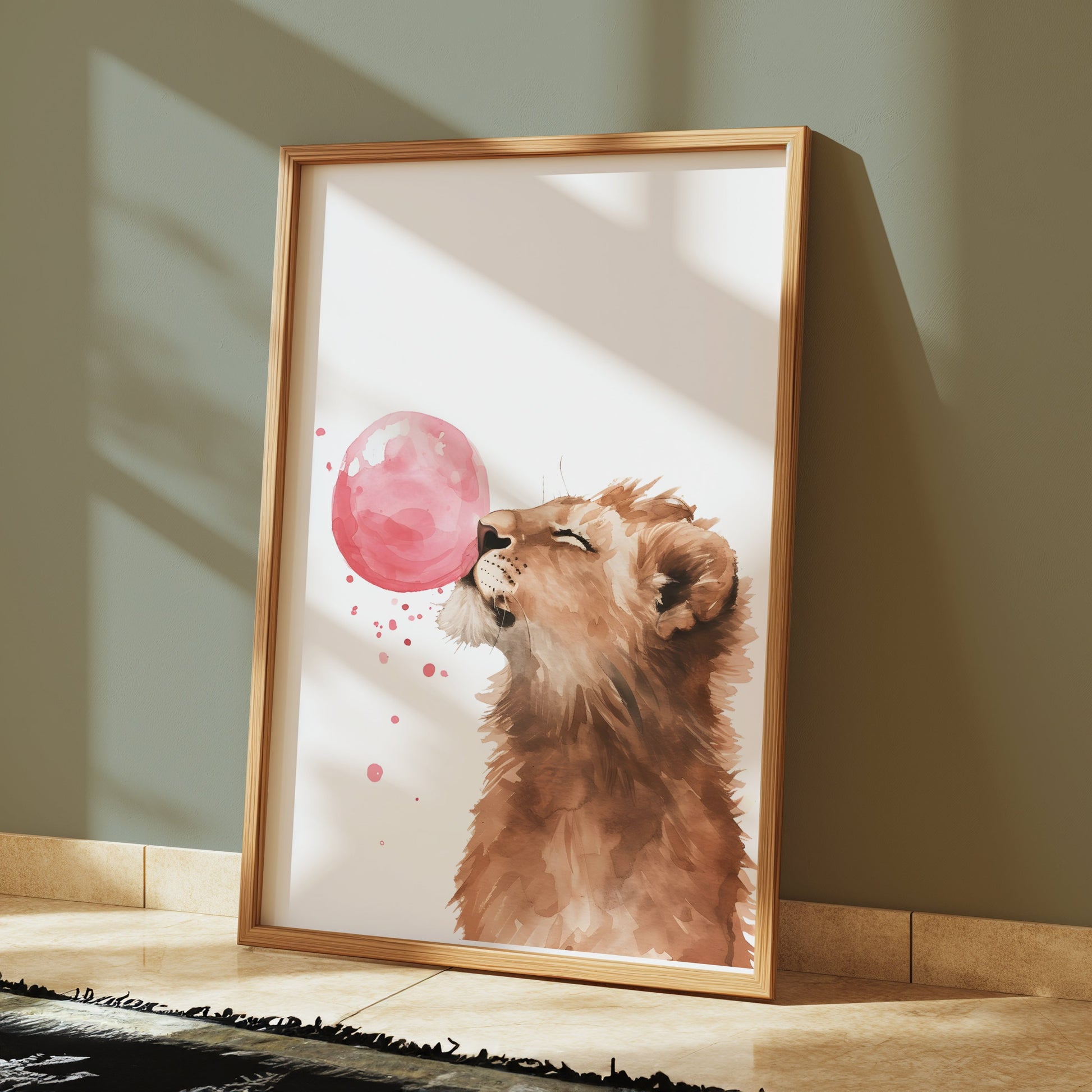 Premium Poster of Cute Lion Blowing Pink Bubblegum Art Home Decor Posters
