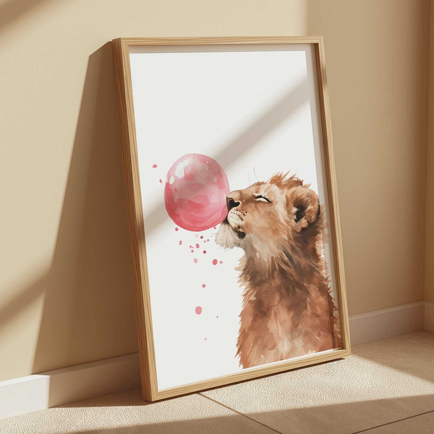 Premium Poster of Cute Lion Blowing Pink Bubblegum Art Home Decor Posters