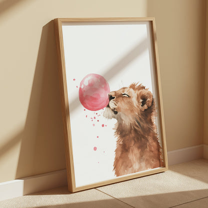 Premium Poster of Cute Lion Blowing Pink Bubblegum Art Home Decor Posters