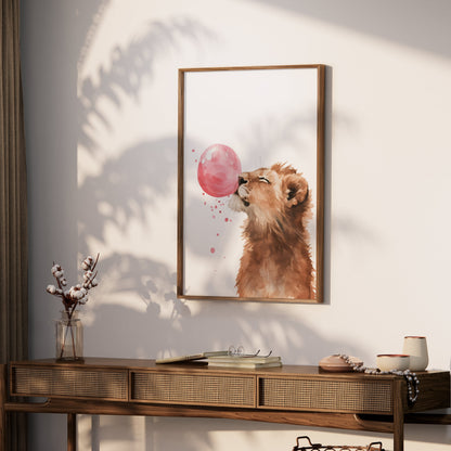 Premium Poster of Cute Lion Blowing Pink Bubblegum Art Home Decor Posters