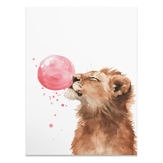 Premium Poster of Cute Lion Blowing Pink Bubblegum Art Home Decor Posters