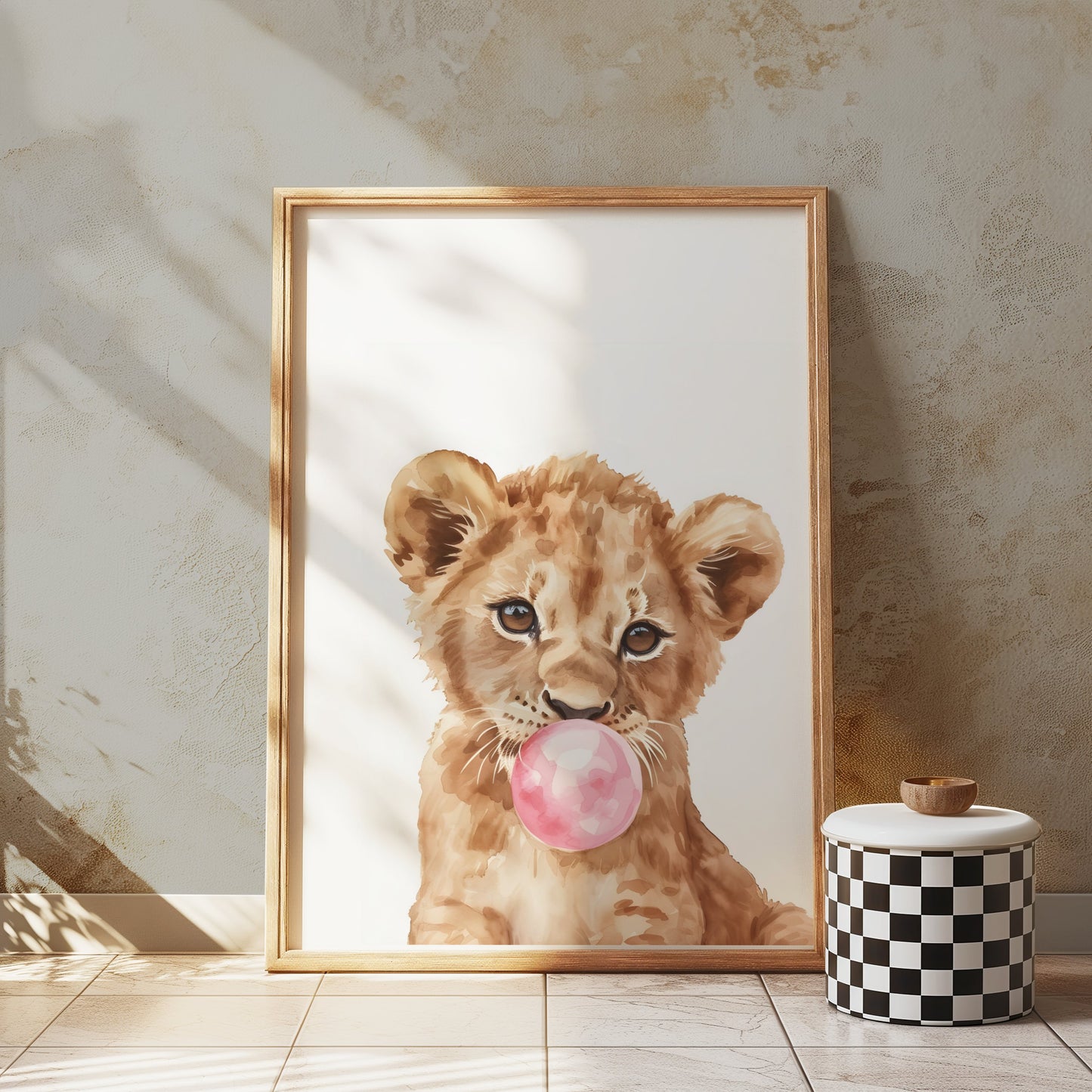 Premium Poster of Cute Lion Cub Blowing Bubblegum Posters