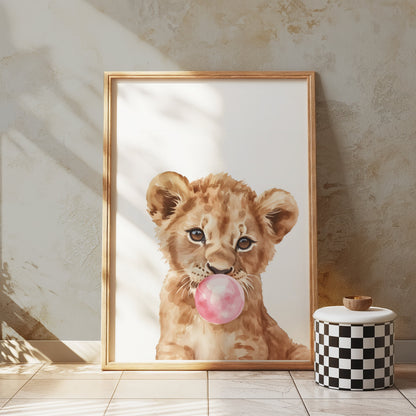 Premium Poster of Cute Lion Cub Blowing Bubblegum Posters