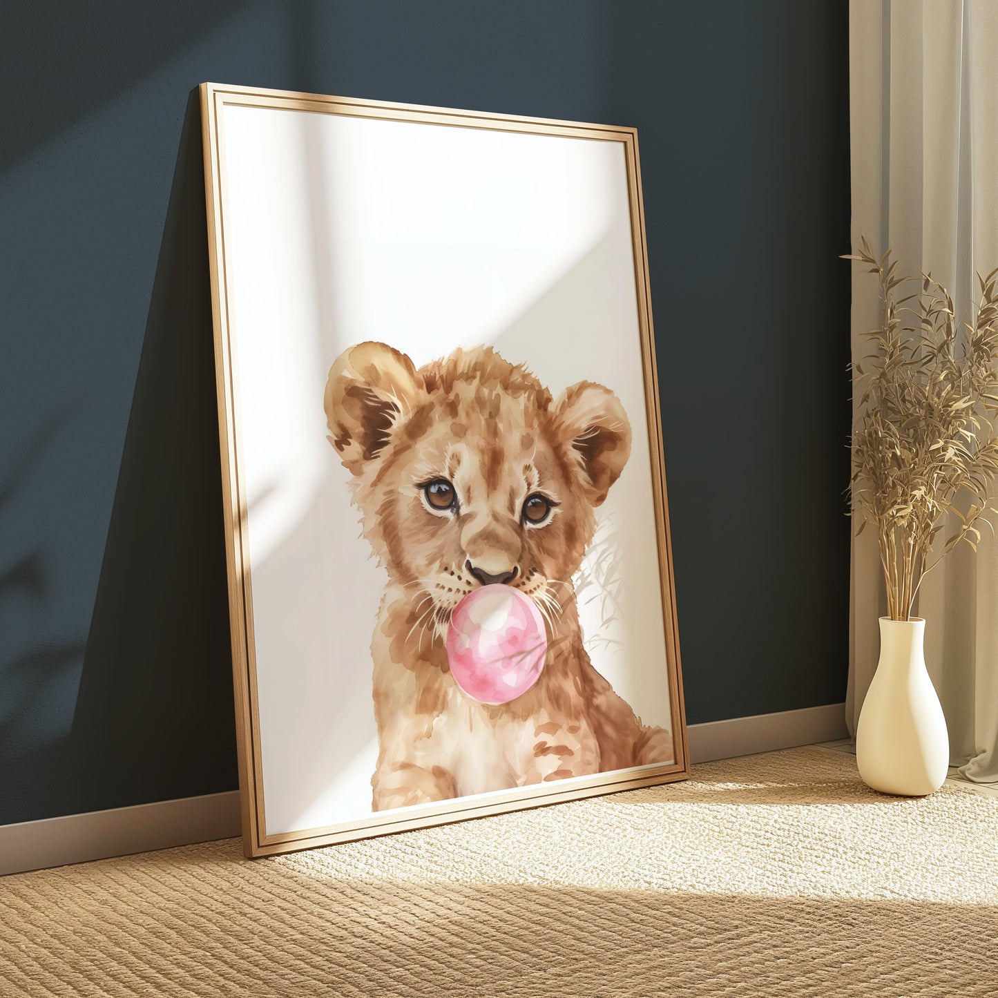 Premium Poster of Cute Lion Cub Blowing Bubblegum Posters