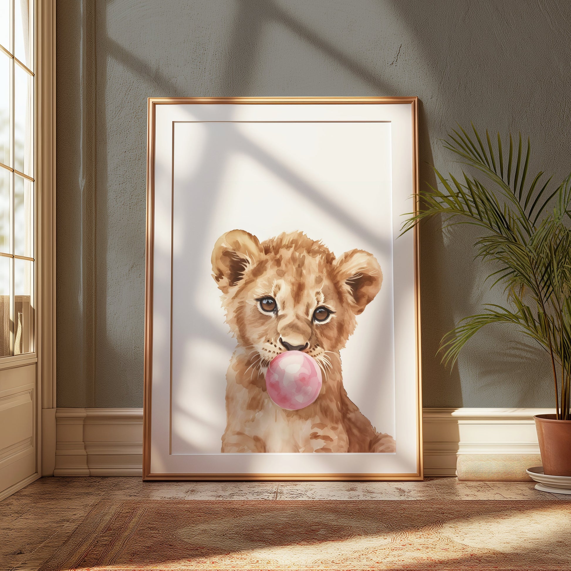 Premium Poster of Cute Lion Cub Blowing Bubblegum Posters