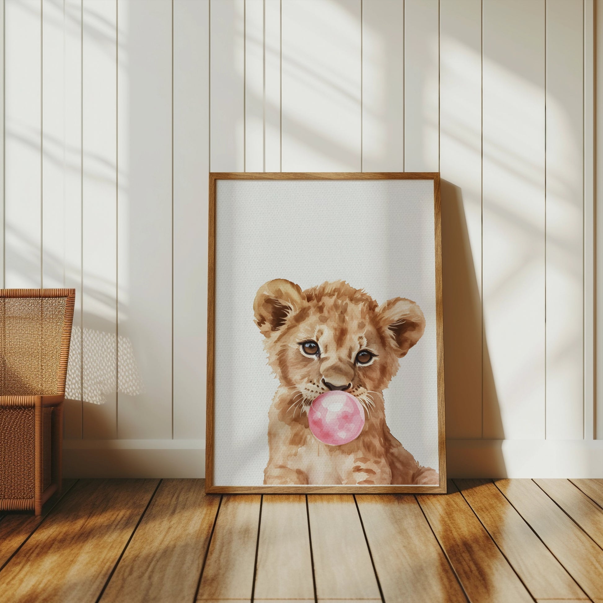 Premium Poster of Cute Lion Cub Blowing Bubblegum Posters