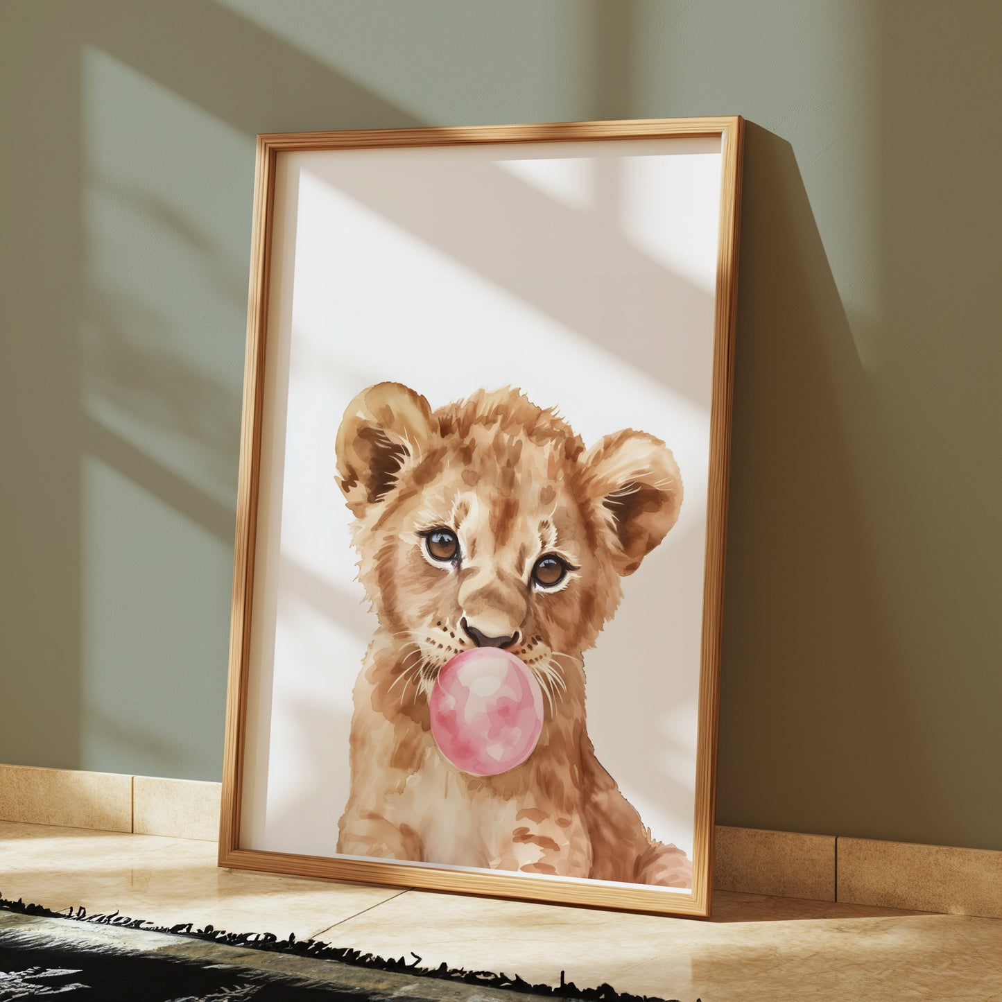 Premium Poster of Cute Lion Cub Blowing Bubblegum Posters