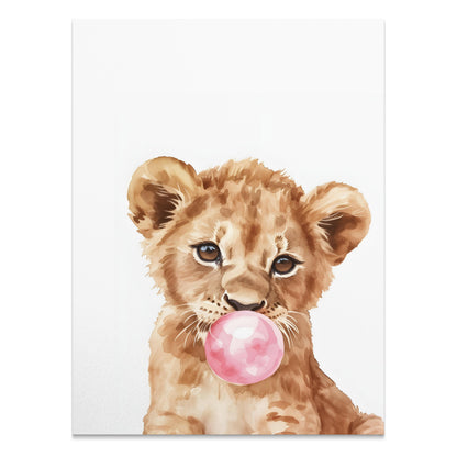 Premium Poster of Cute Lion Cub Blowing Bubblegum Posters