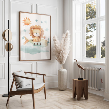Premium Poster of Cute Lion Flying in Airplane Kids Room Posters