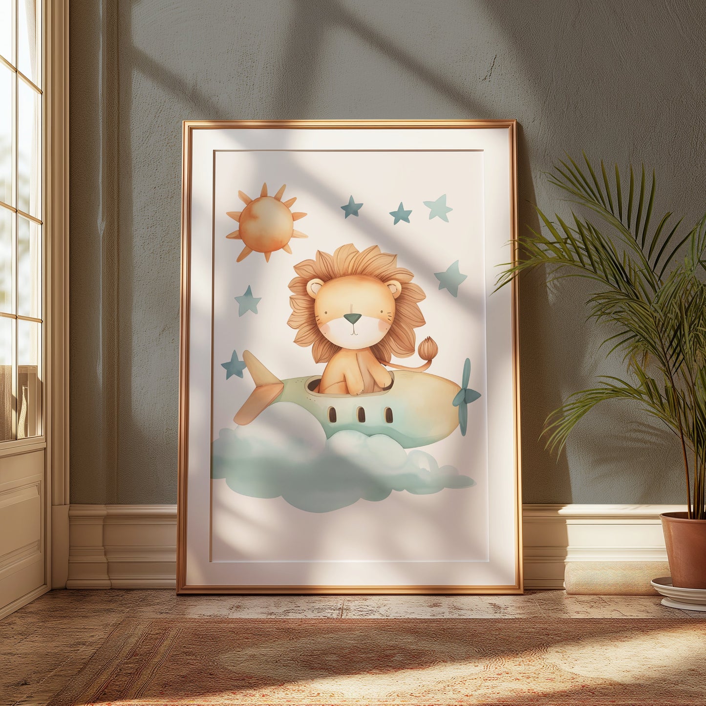 Premium Poster of Cute Lion Flying in Airplane Kids Room Posters