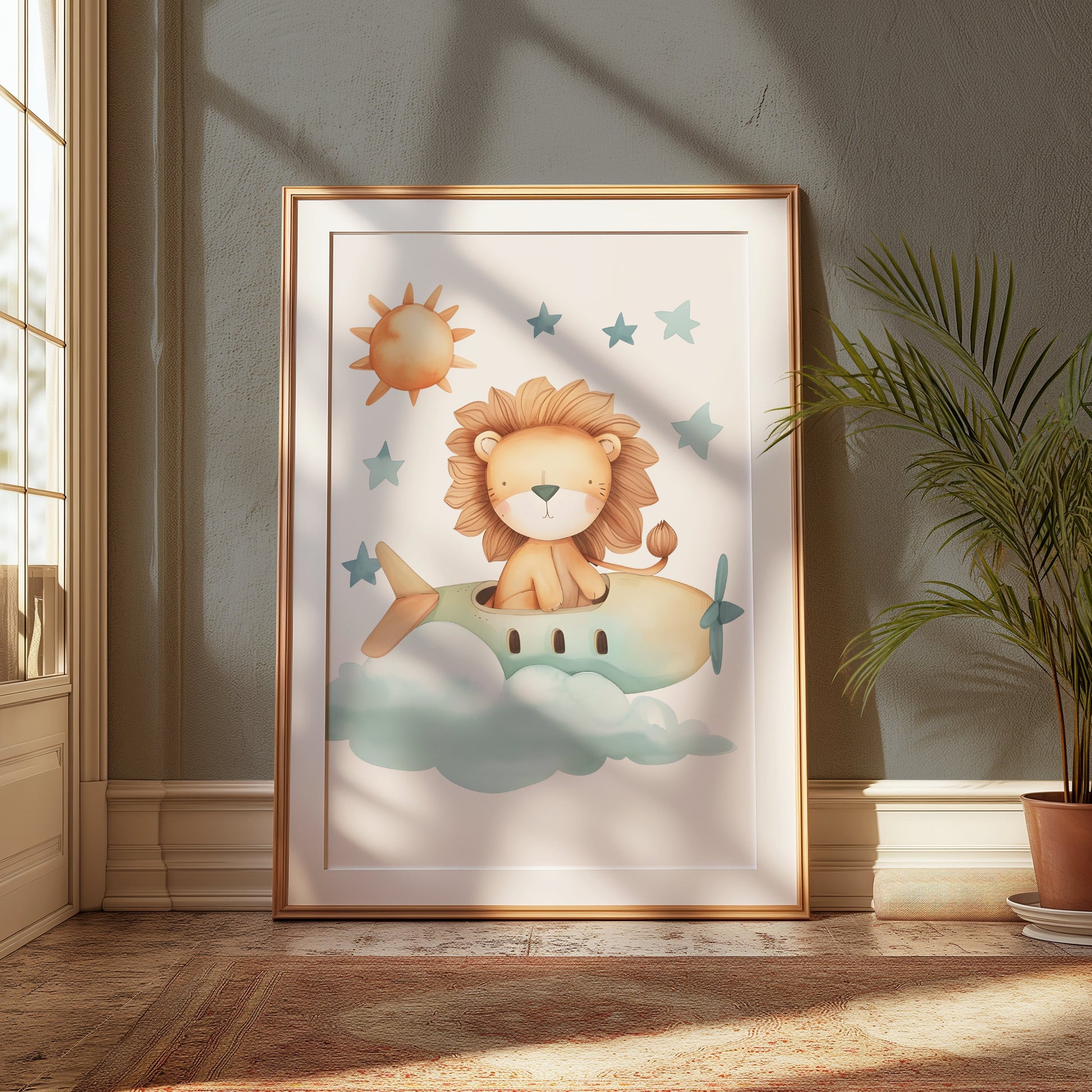 Premium Poster of Cute Lion Flying in Airplane Kids Room Posters