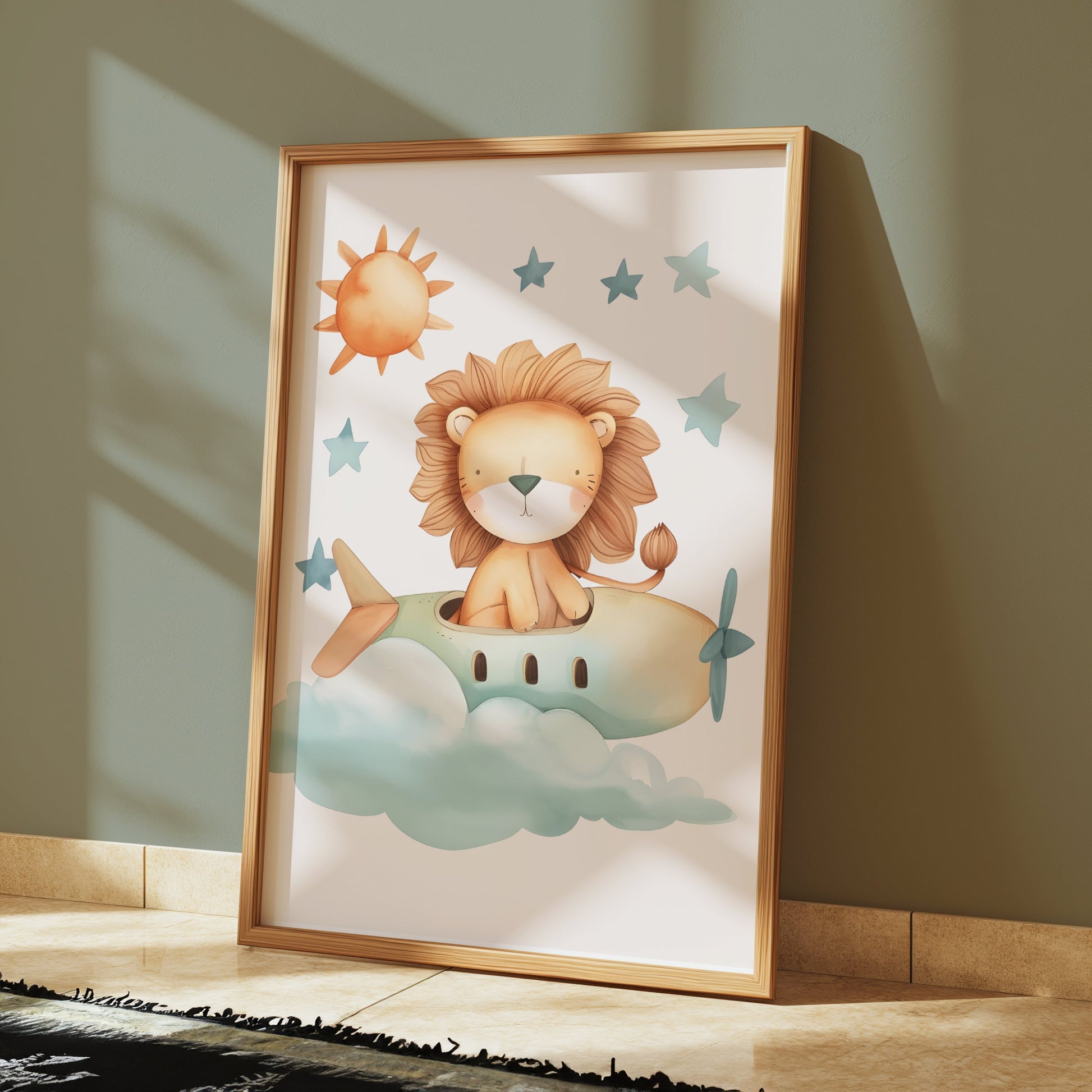 Premium Poster of Cute Lion Flying in Airplane Kids Room Posters